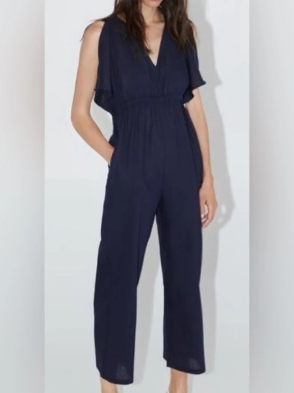 Zara Navy Blue Linen Jumpsuit S Wide Leg V-Neck Tie Back Short Sleeve‎ Rustic